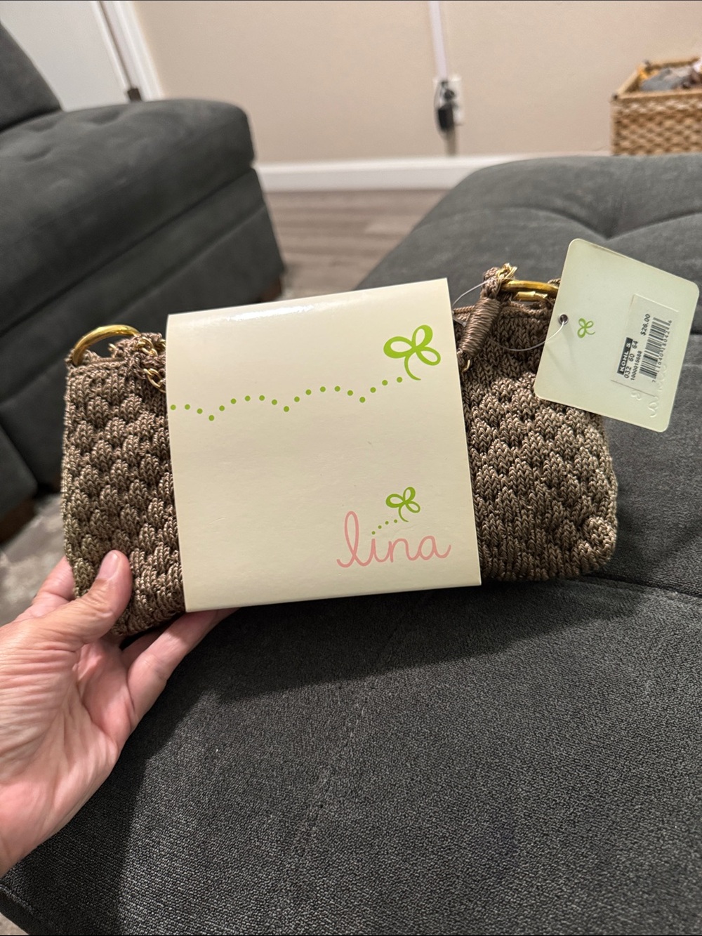 Lina Knit Clutch in Taupe Brown with Gold Hardware